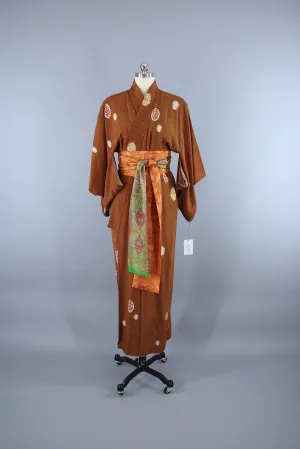 1940s Vintage Silk Kimono Robe / Orange & Olive Green