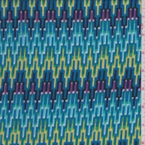 3 YD PC-Aqua Blue Multi Digital Flamestitch Rayon Challis Fabric