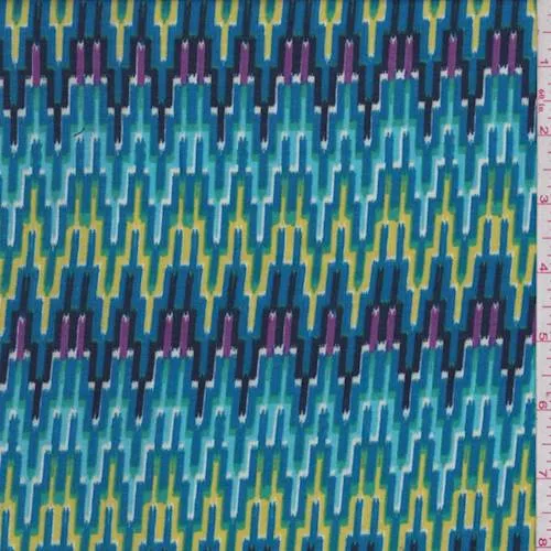 3 YD PC-Aqua Blue Multi Digital Flamestitch Rayon Challis Fabric