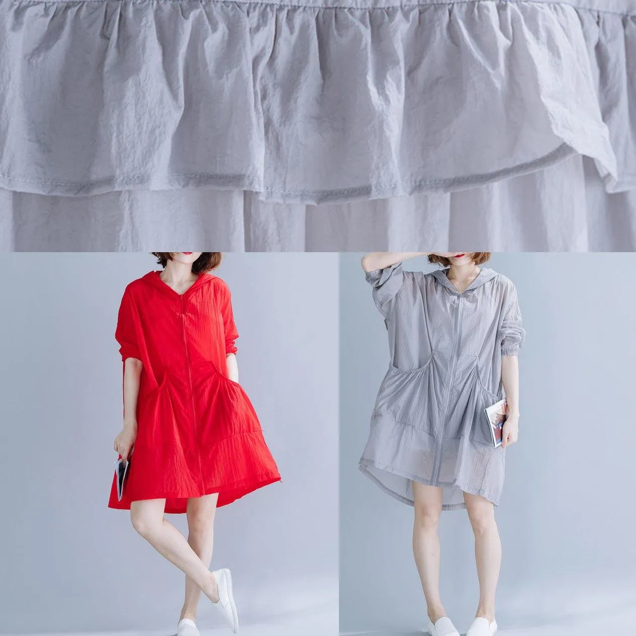 Art hooded cotton tunic top Fabrics gray blouses summer