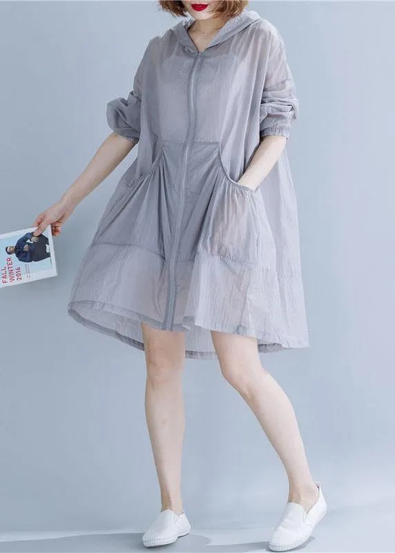 Art hooded cotton tunic top Fabrics gray blouses summer