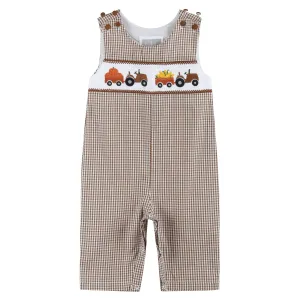 Baby Boys Brown Gingham Pumpkin and Corn Tractor Smocked Overalls