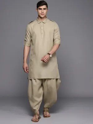 Beige Linen Pathani Kurta with Dhoti Pants