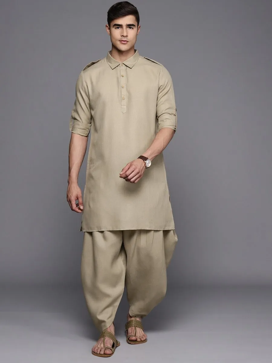Beige Linen Pathani Kurta with Dhoti Pants