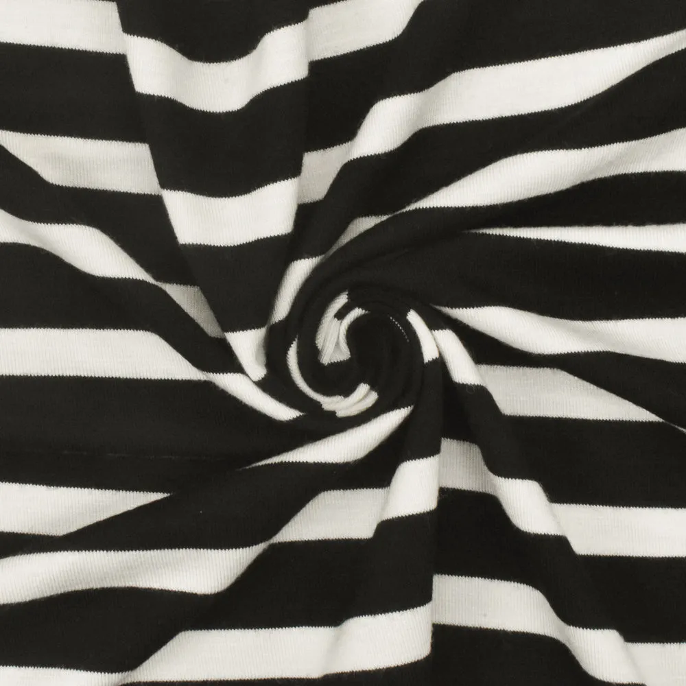Black-Ivory Stripe Stretch Spandex Rayon Modal Jersey Knit Fabric