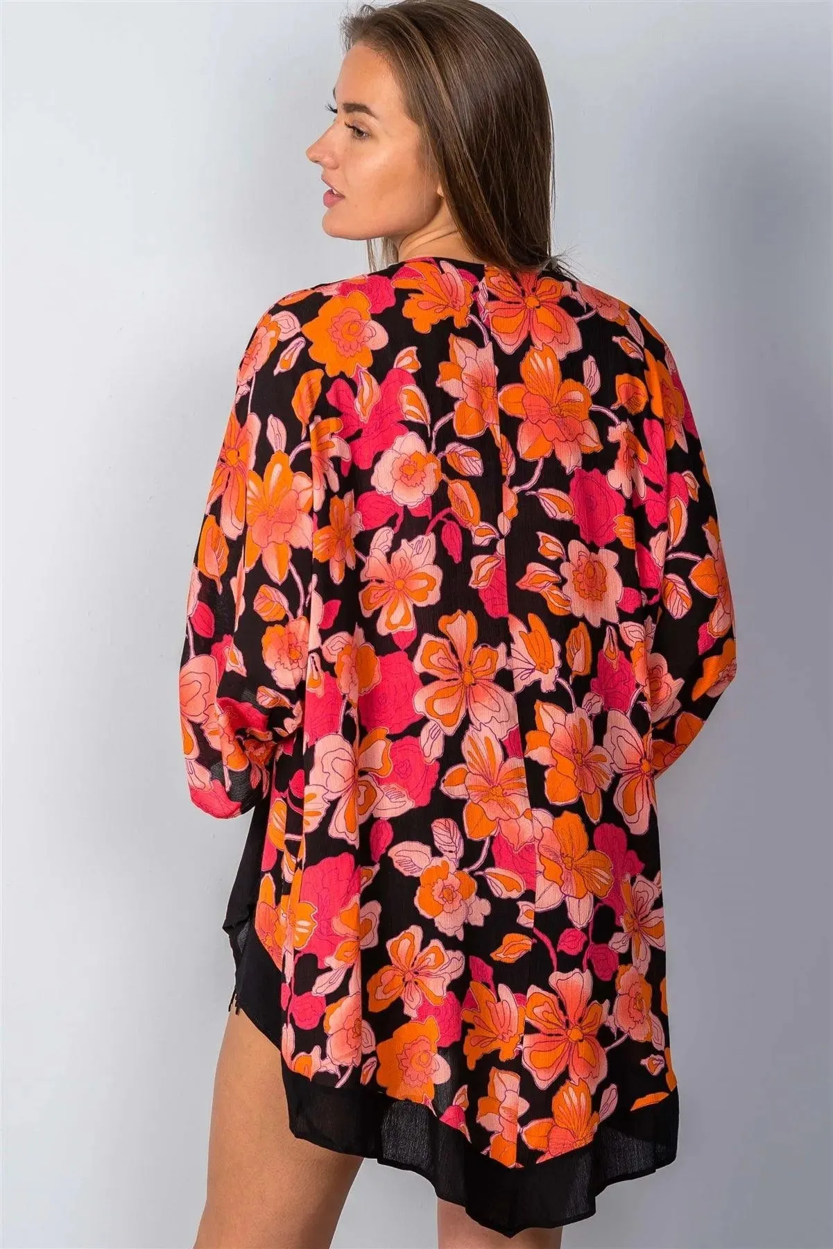 Black Red Floral Print Wide Sleeves Flowy Kimono /2-2-1