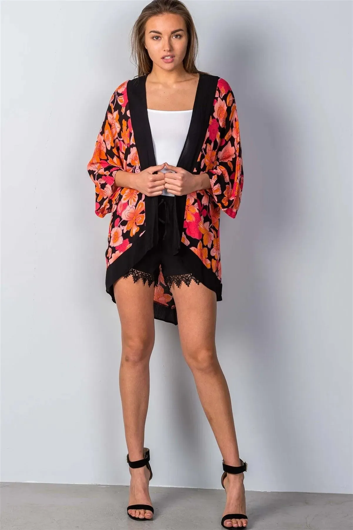 Black Red Floral Print Wide Sleeves Flowy Kimono /2-2-1