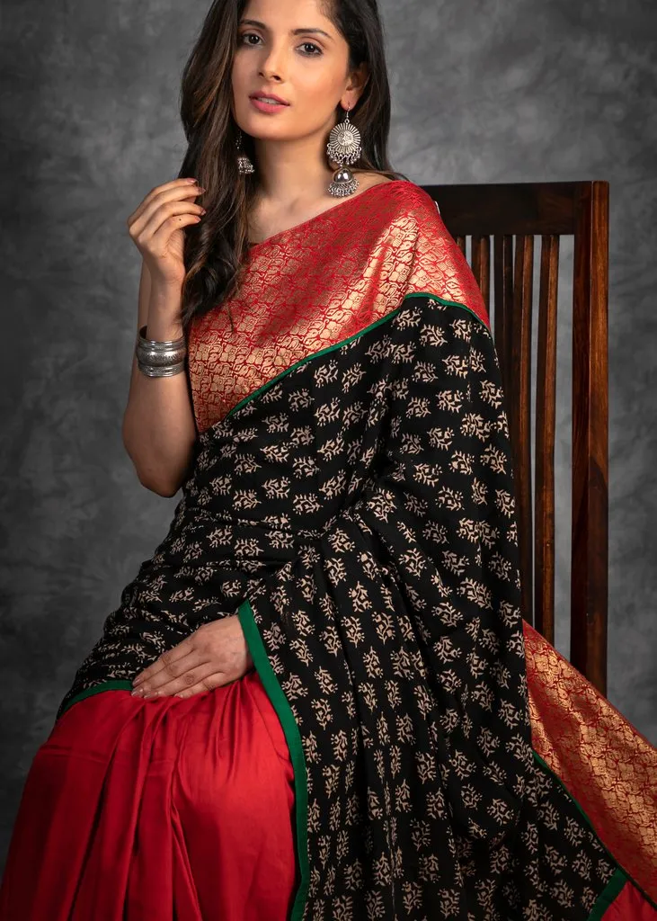 BLOCK PRINTED SAREE WITH BENARASI COMBINATION & COTTON SILK PLEATS