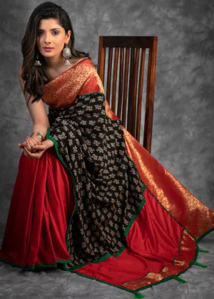 BLOCK PRINTED SAREE WITH BENARASI COMBINATION & COTTON SILK PLEATS