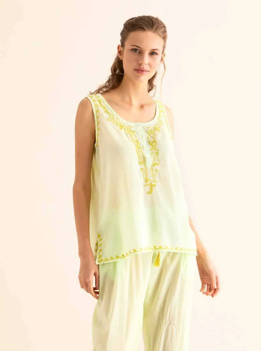 Blouse with Embroidered Collar Light Green