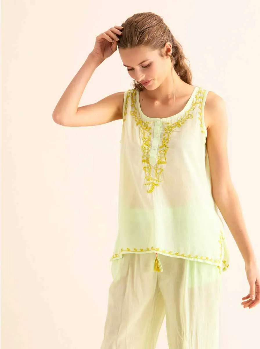 Blouse with Embroidered Collar Light Green