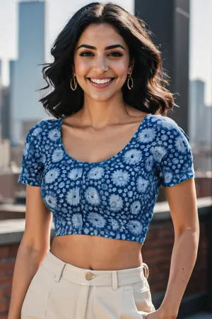 Blue Floral Design Indigo Hand Block Print Cotton Blouse 10074569