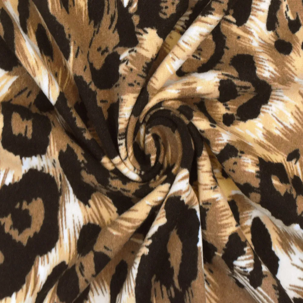 Brown-Beige-Multi Leopard Printed Stretch Jersey Knit Fabric