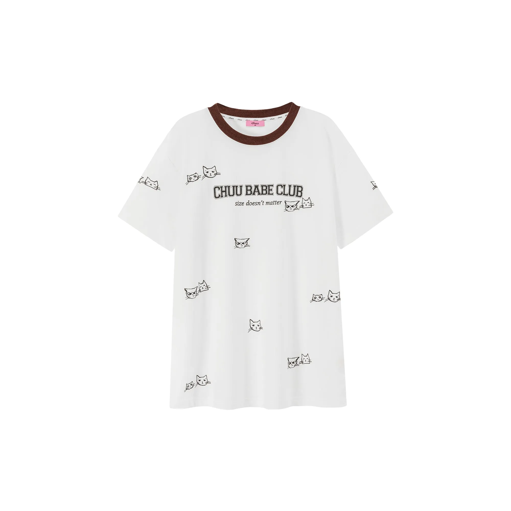 Chuu Babe Club Cat Faces Pattern Line Color Blocked T-Shirt