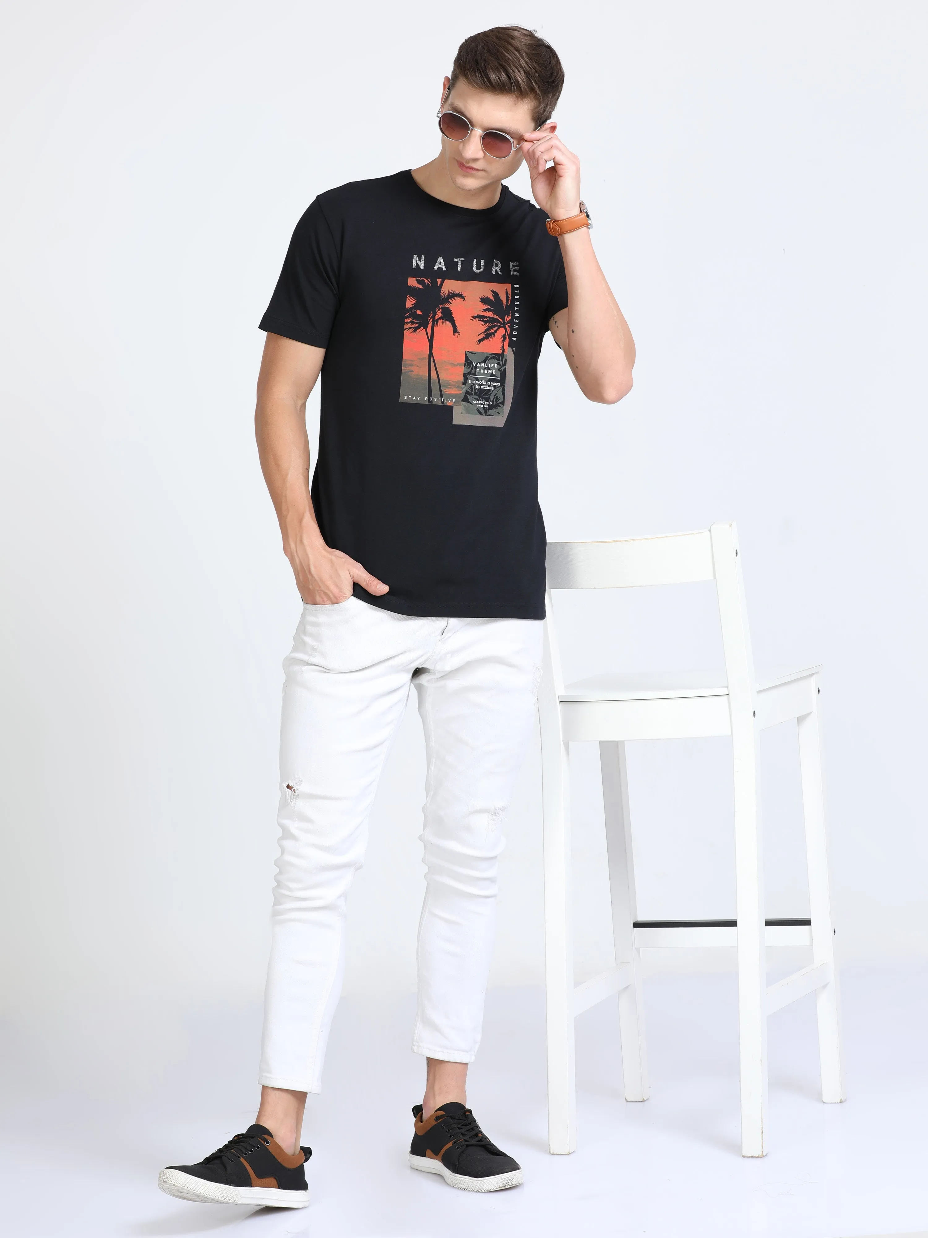 Classic Polo Mens Cotton Half Sleeves Printed Slim Fit Crew Neck Black Color T-Shirt | Baleno - 555 A Sf C