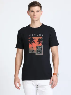 Classic Polo Mens Cotton Half Sleeves Printed Slim Fit Crew Neck Black Color T-Shirt | Baleno - 555 A Sf C