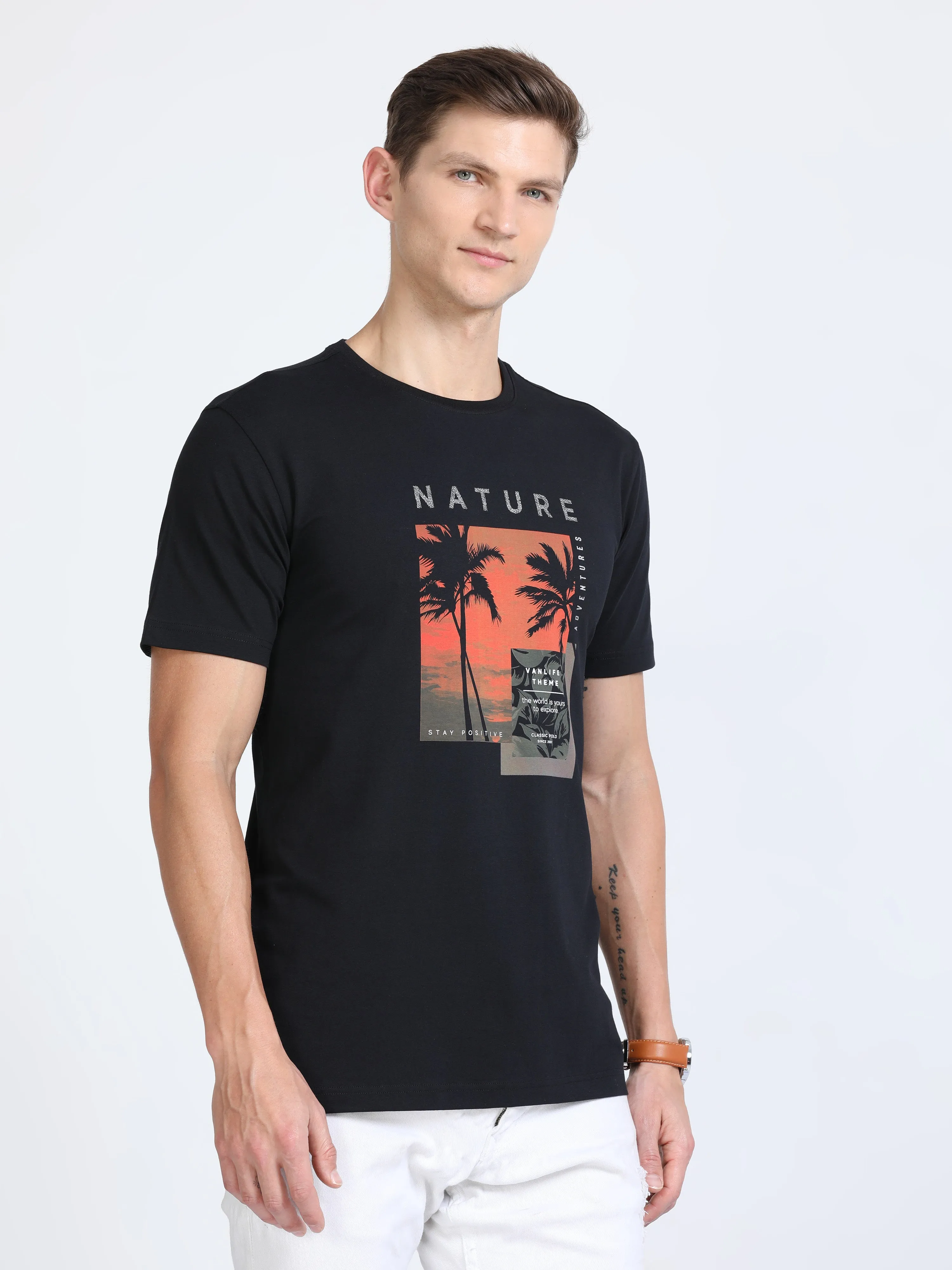 Classic Polo Mens Cotton Half Sleeves Printed Slim Fit Crew Neck Black Color T-Shirt | Baleno - 555 A Sf C