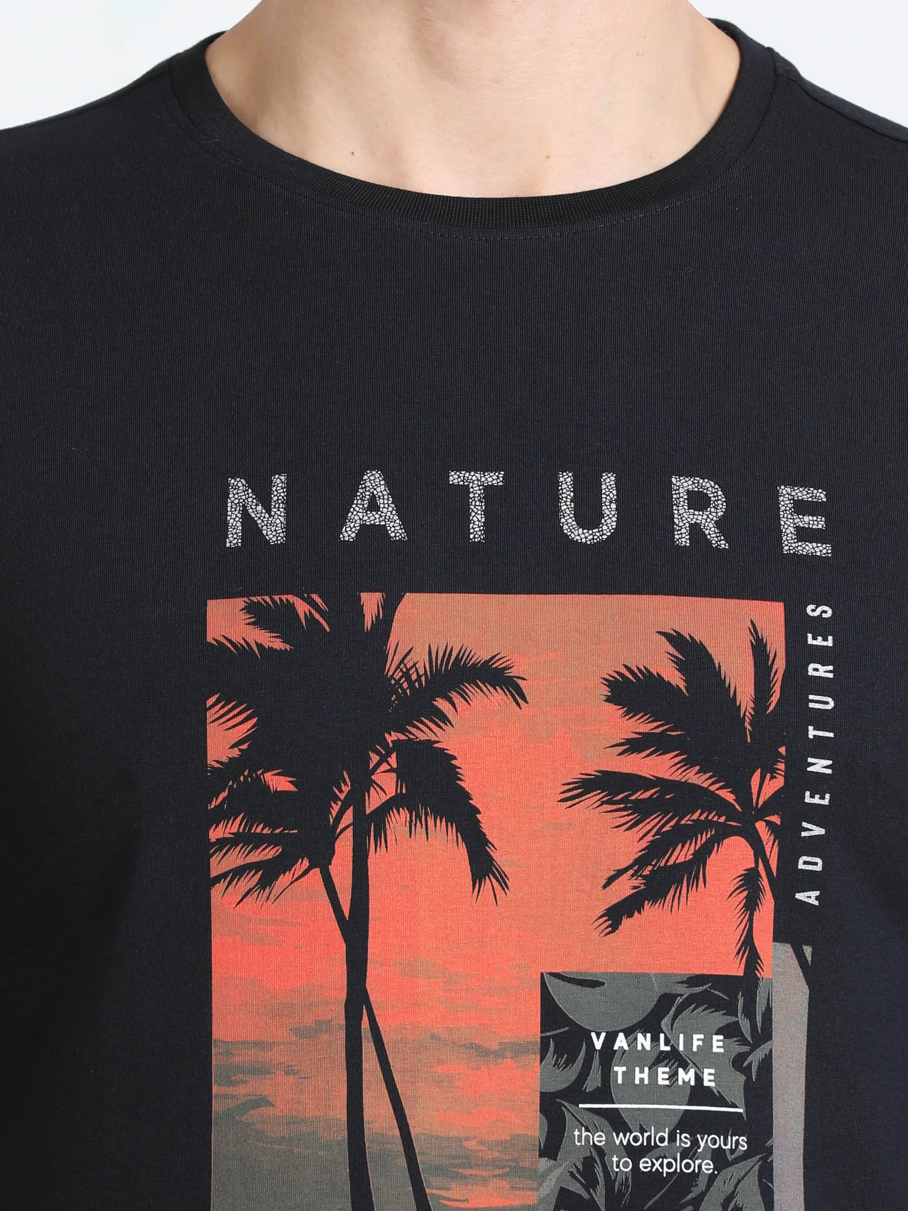 Classic Polo Mens Cotton Half Sleeves Printed Slim Fit Crew Neck Black Color T-Shirt | Baleno - 555 A Sf C