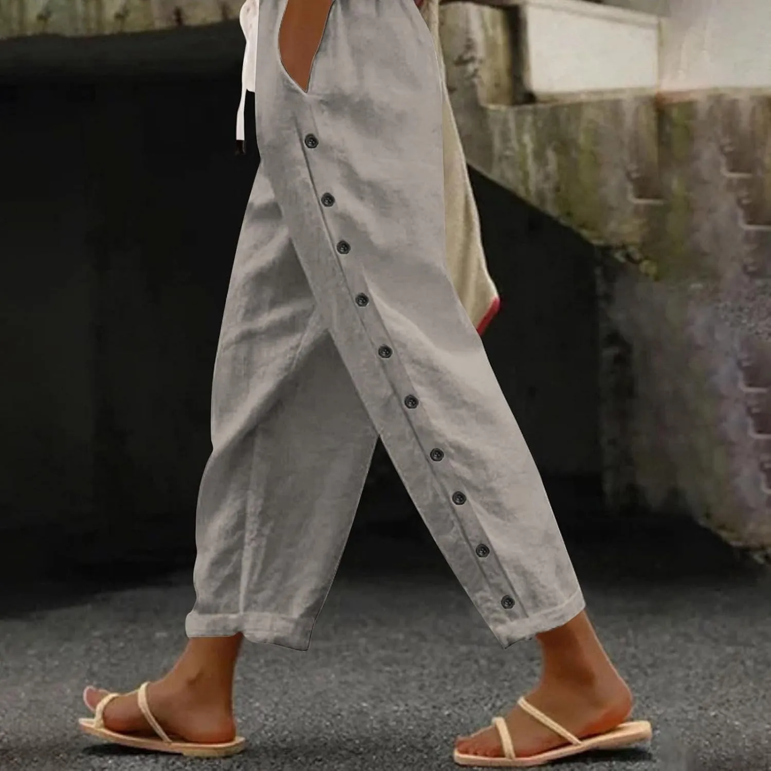 Cotton Linen Pants Women Baggy Casual Summer Beach Solid Color Plus Size High Waist Linen Pants Plus Size Ankle Trousers