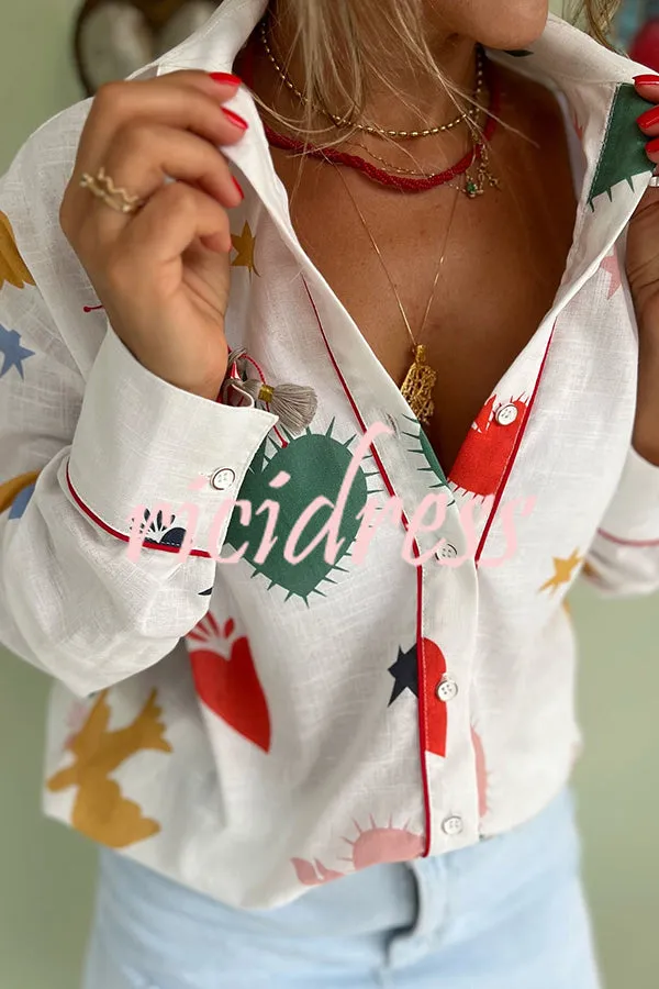 Cue The Sunshine Linen Blend Unique Print Button Long Sleeve Loose Blouse