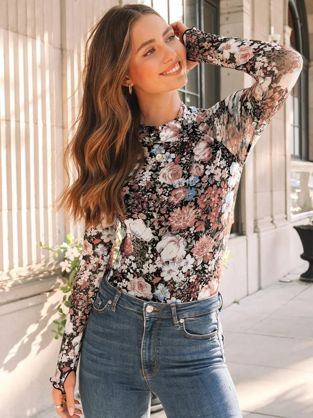 Dealmore Lace Long Sleeve Floral Mesh Mockneck Going Out Tops for Women Fashion Fall Outfits 2024 Floral Fierce S