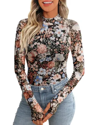 Dealmore Lace Long Sleeve Floral Mesh Mockneck Going Out Tops for Women Fashion Fall Outfits 2024 Floral Fierce S