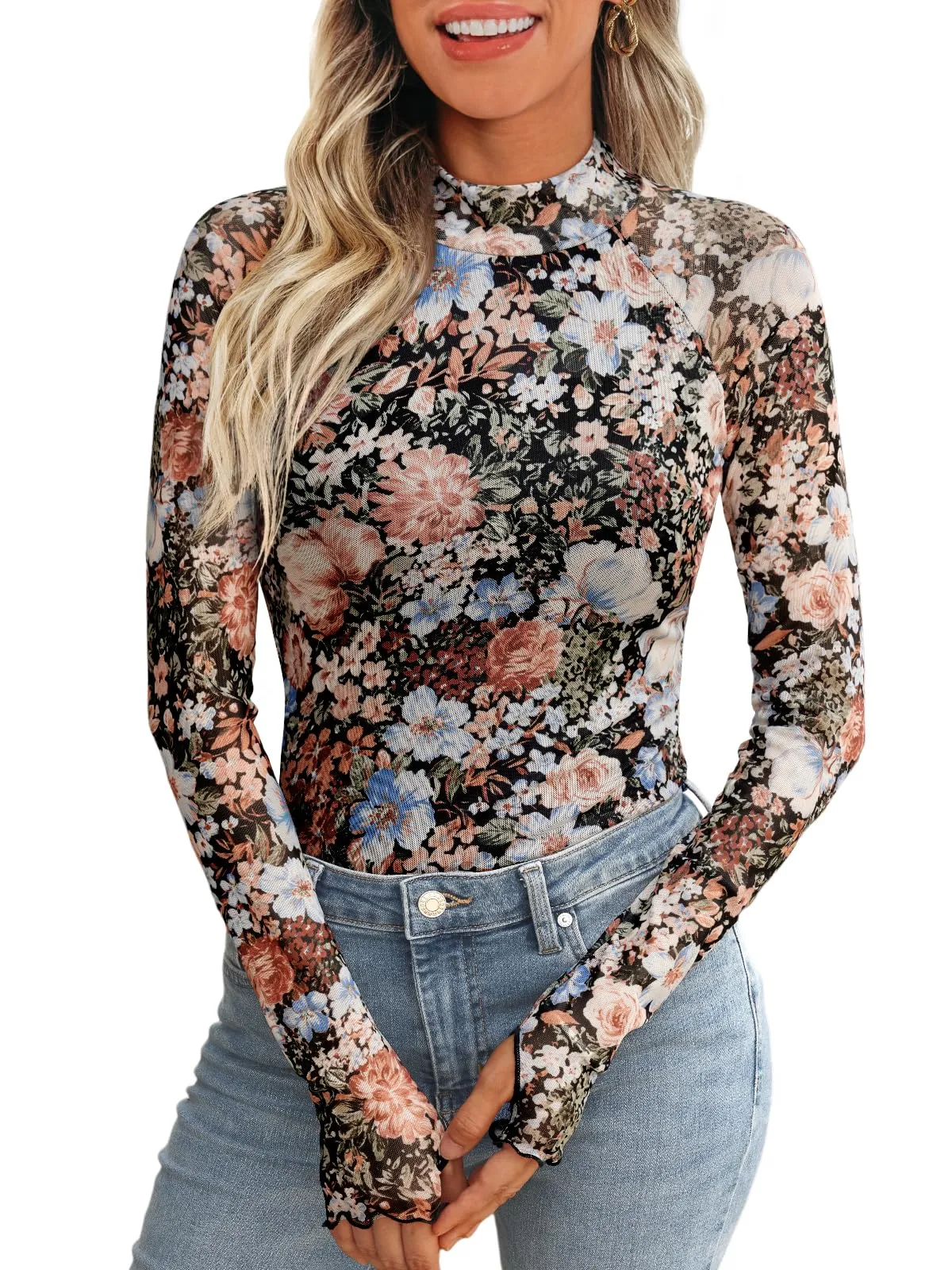 Dealmore Lace Long Sleeve Floral Mesh Mockneck Going Out Tops for Women Fashion Fall Outfits 2024 Floral Fierce S