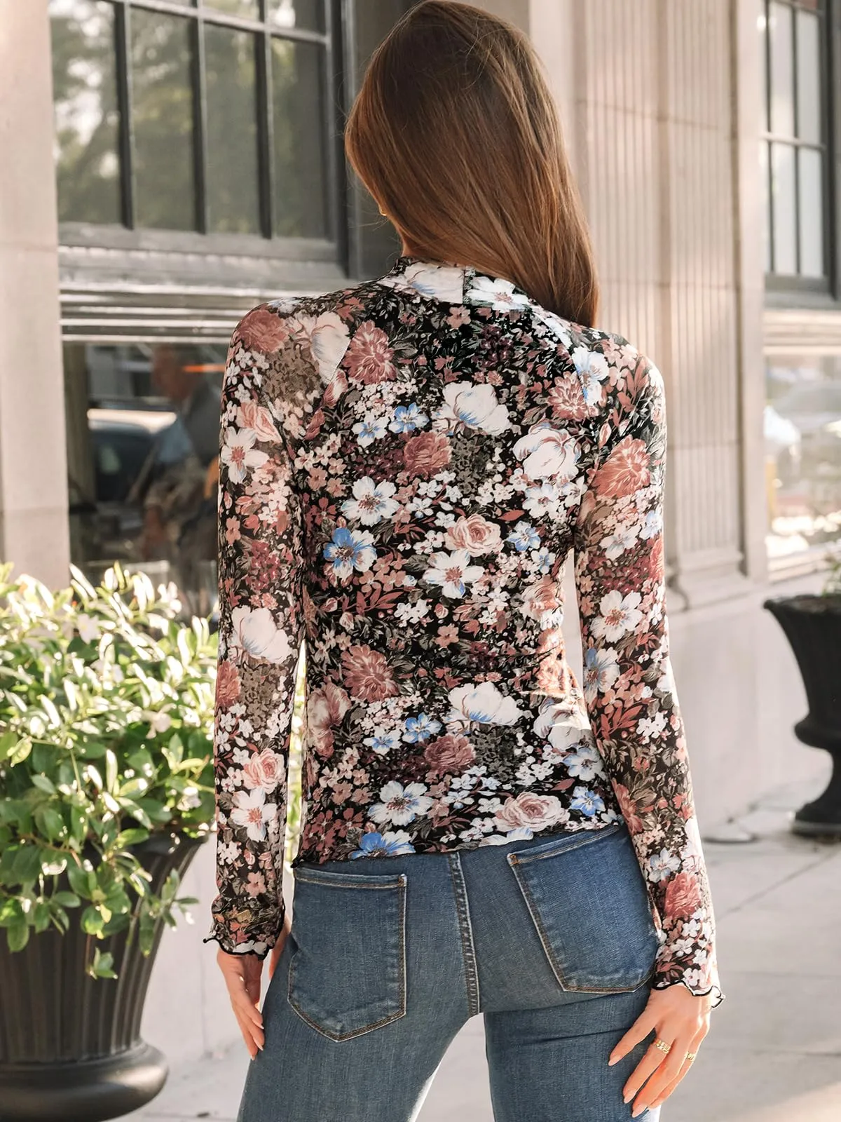 Dealmore Lace Long Sleeve Floral Mesh Mockneck Going Out Tops for Women Fashion Fall Outfits 2024 Floral Fierce S