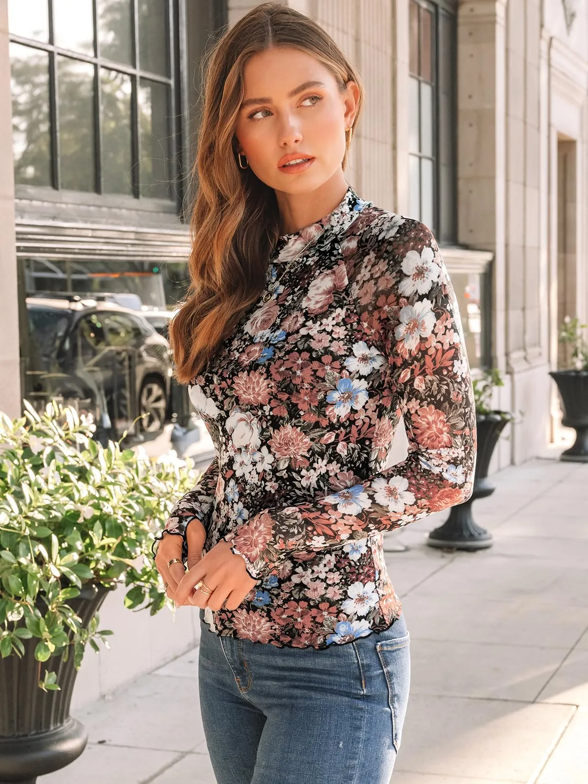 Dealmore Lace Long Sleeve Floral Mesh Mockneck Going Out Tops for Women Fashion Fall Outfits 2024 Floral Fierce S