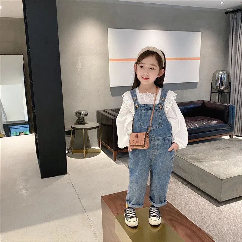 Denim overalls long-sleeved lace shirt Korean suit