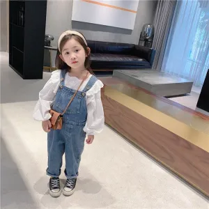 Denim overalls long-sleeved lace shirt Korean suit