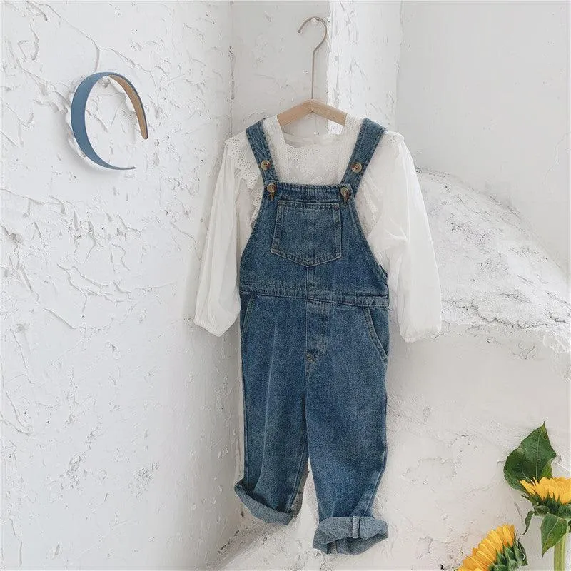 Denim overalls long-sleeved lace shirt Korean suit