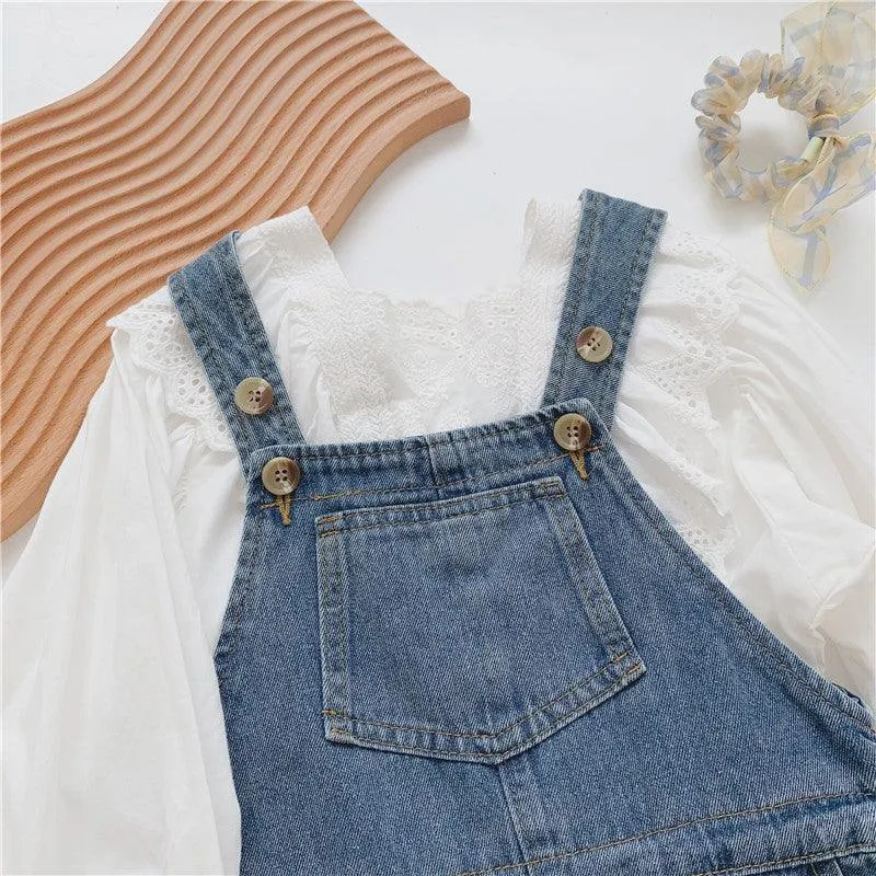 Denim overalls long-sleeved lace shirt Korean suit