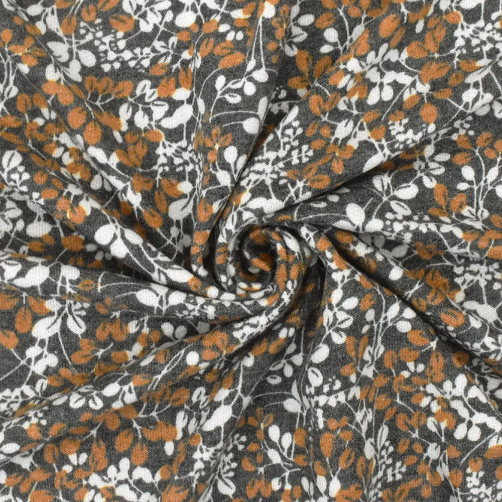 Dusty Black-Multi Floral Print Stretch Poly-Cotton French Terry Knit Fabric