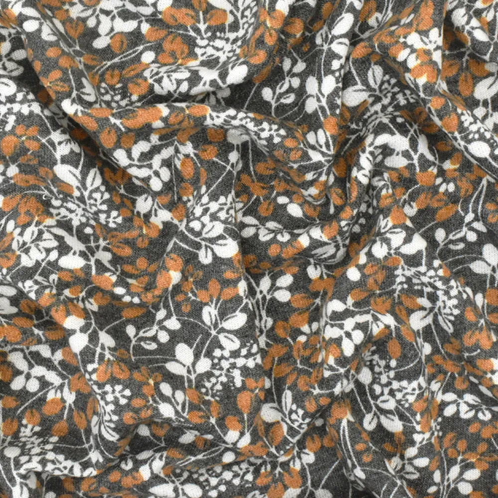 Dusty Black-Multi Floral Print Stretch Poly-Cotton French Terry Knit Fabric