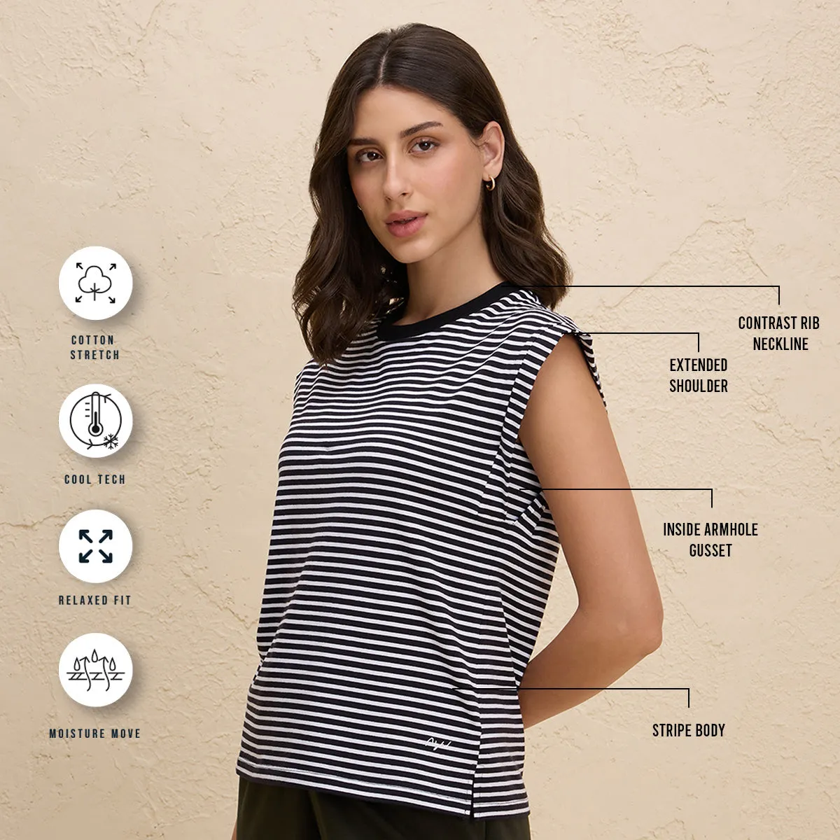 Extended Shoulder Cotton Tank Top with 2 Degree Cooling Tech-NYLE514-Black White