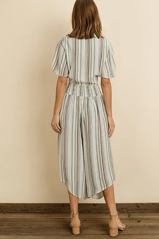 Fashion Light Blue Stripe Multi-Color Front Tie-Up Top