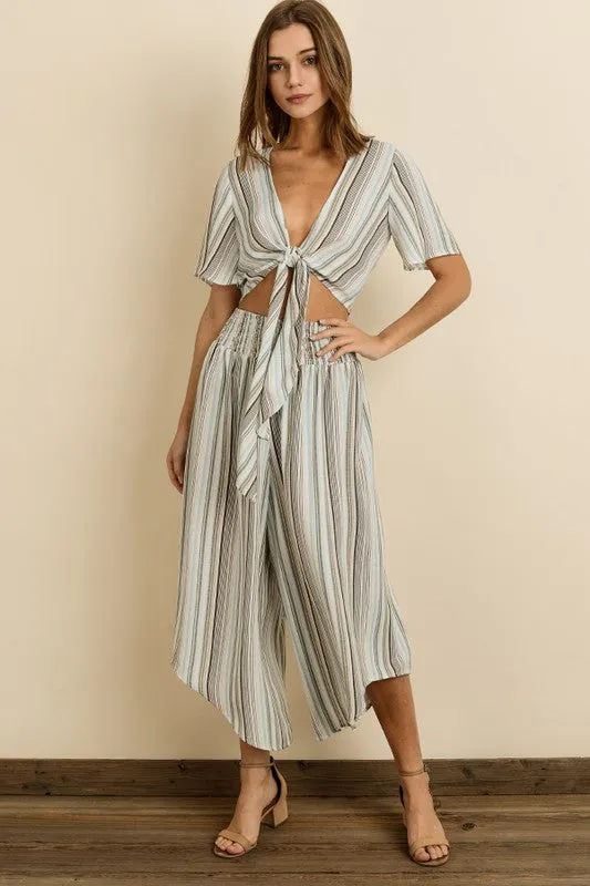 Fashion Light Blue Stripe Multi-Color Front Tie-Up Top