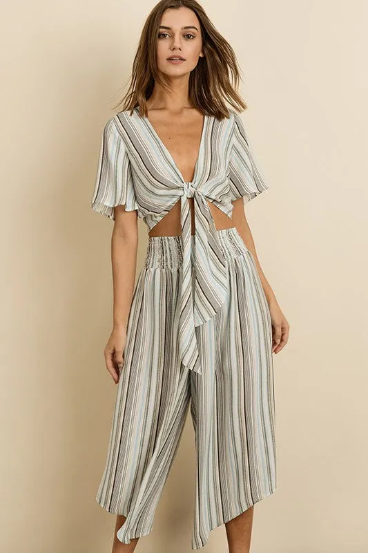 Fashion Light Blue Stripe Multi-Color Front Tie-Up Top