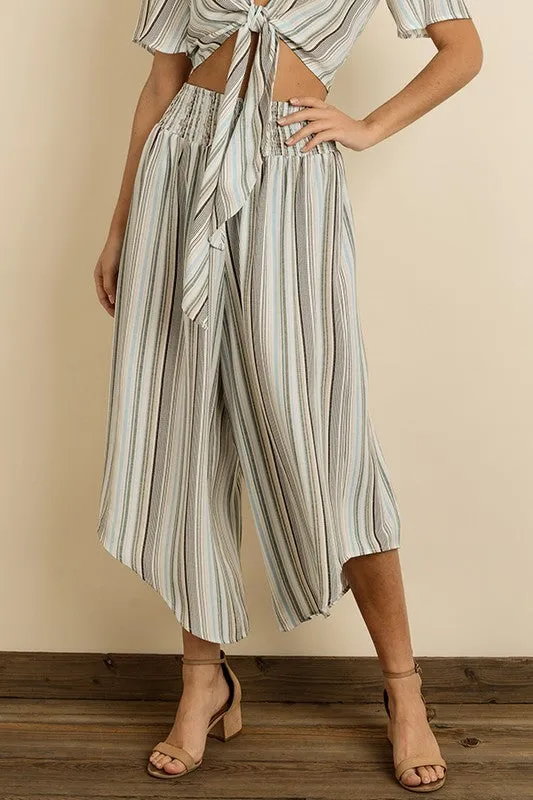 Fashion Light Blue Stripe Multi-Color Front Tie-Up Top