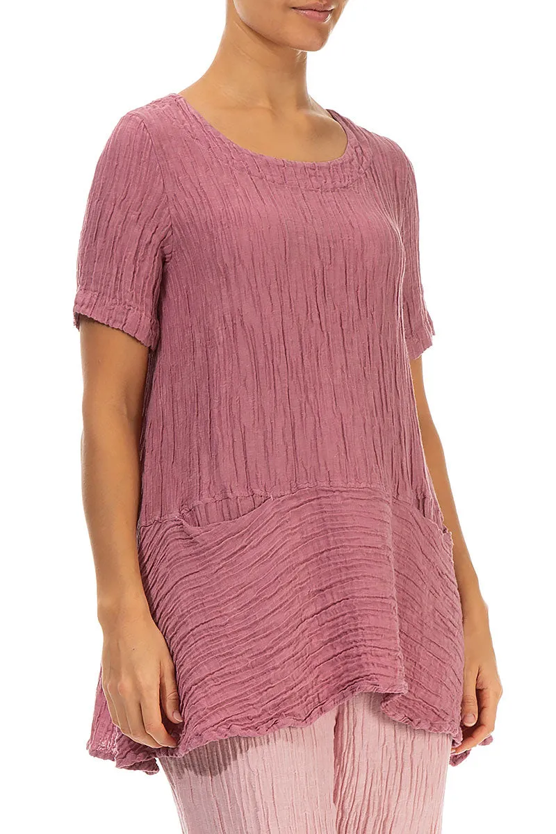 Flared Pockets Crinkled Mauve Taupe Silk Blouse