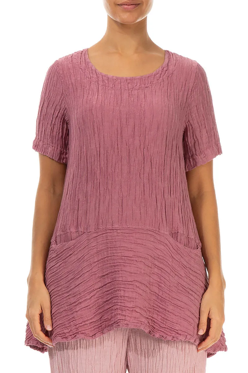 Flared Pockets Crinkled Mauve Taupe Silk Blouse