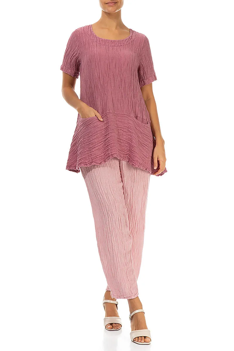 Flared Pockets Crinkled Mauve Taupe Silk Blouse