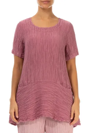 Flared Pockets Crinkled Mauve Taupe Silk Blouse