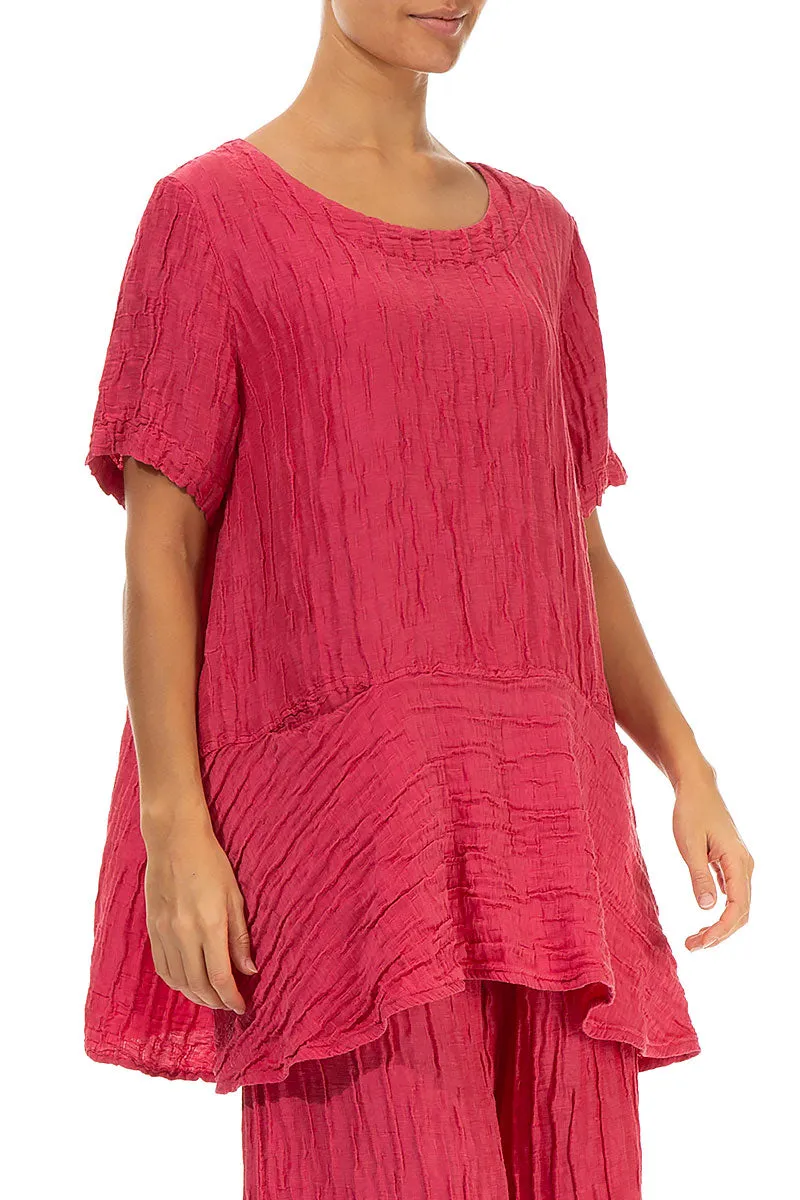 Flared Pockets Crinkled Raspberry Silk Linen Blouse