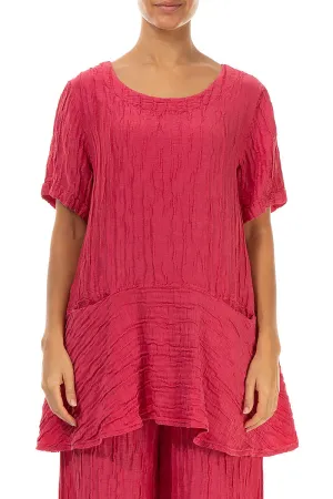 Flared Pockets Crinkled Raspberry Silk Linen Blouse