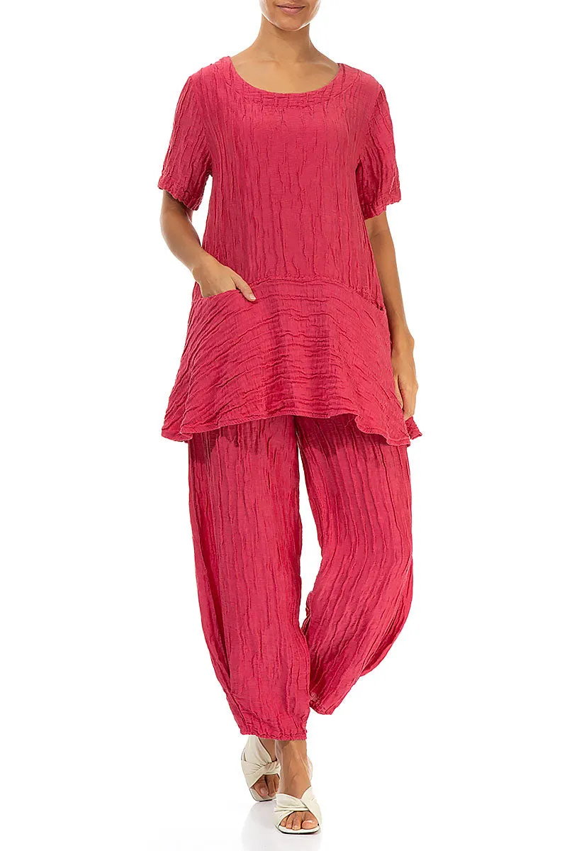 Flared Pockets Crinkled Raspberry Silk Linen Blouse