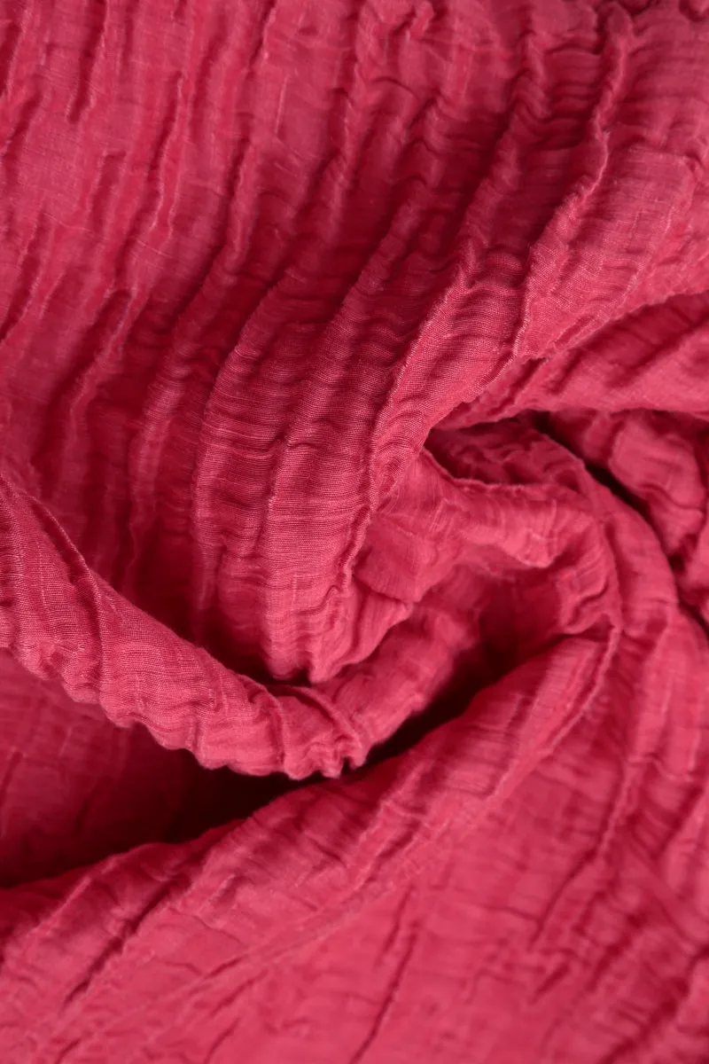 Flared Pockets Crinkled Raspberry Silk Linen Blouse