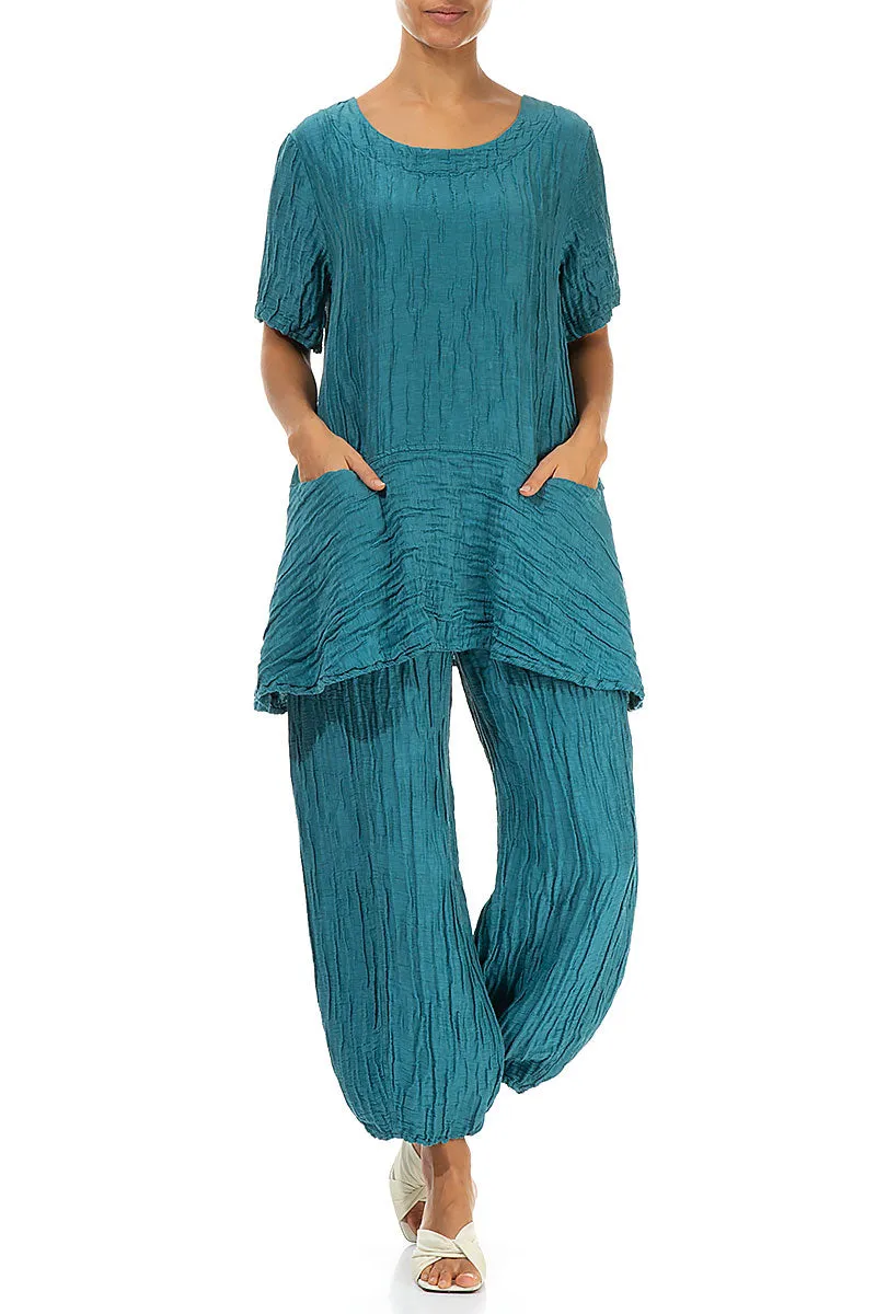 Flared Pockets Crinkled Turquoise Silk Blouse