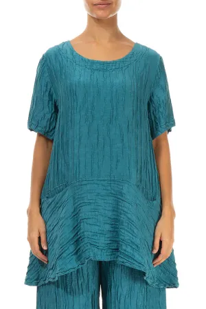 Flared Pockets Crinkled Turquoise Silk Blouse